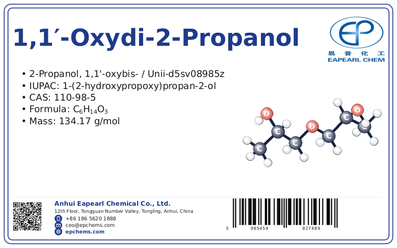 1,1′-Oxydi-2-propanol, CAS 110-98-5 — chemical product label